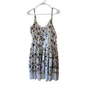 Soleil Sleeveless lace trim Eyelet Floral Pleated Mini Dress White Women's S-M